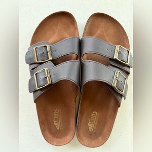 Cliffs by White Mountain Brown Double Buckle Slide Sandals Comfort Footbed